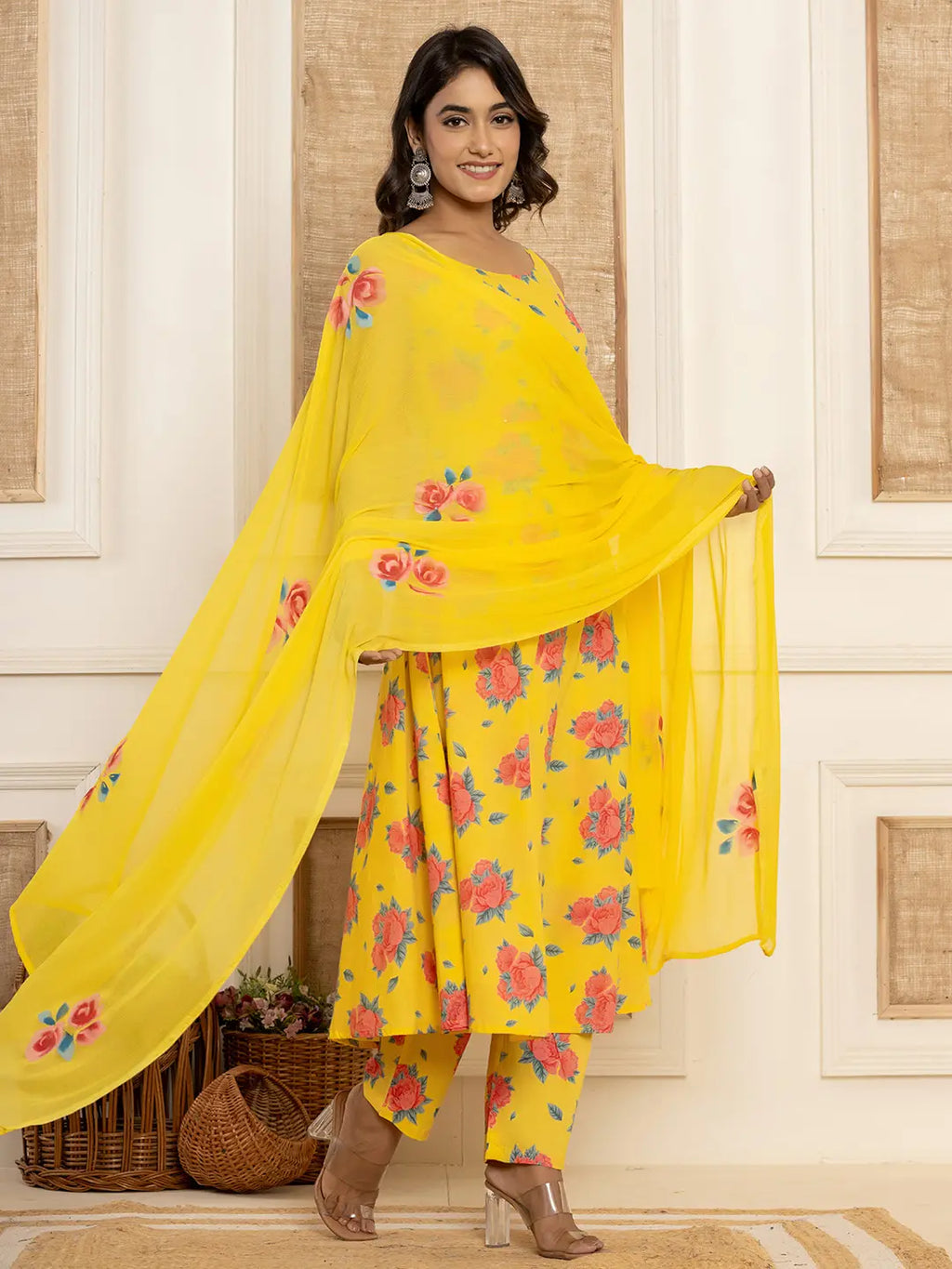Yufta Yellow Floral Print Cotton A-Line Style Kurta And Trousers With Dupatta Set | Grocsy