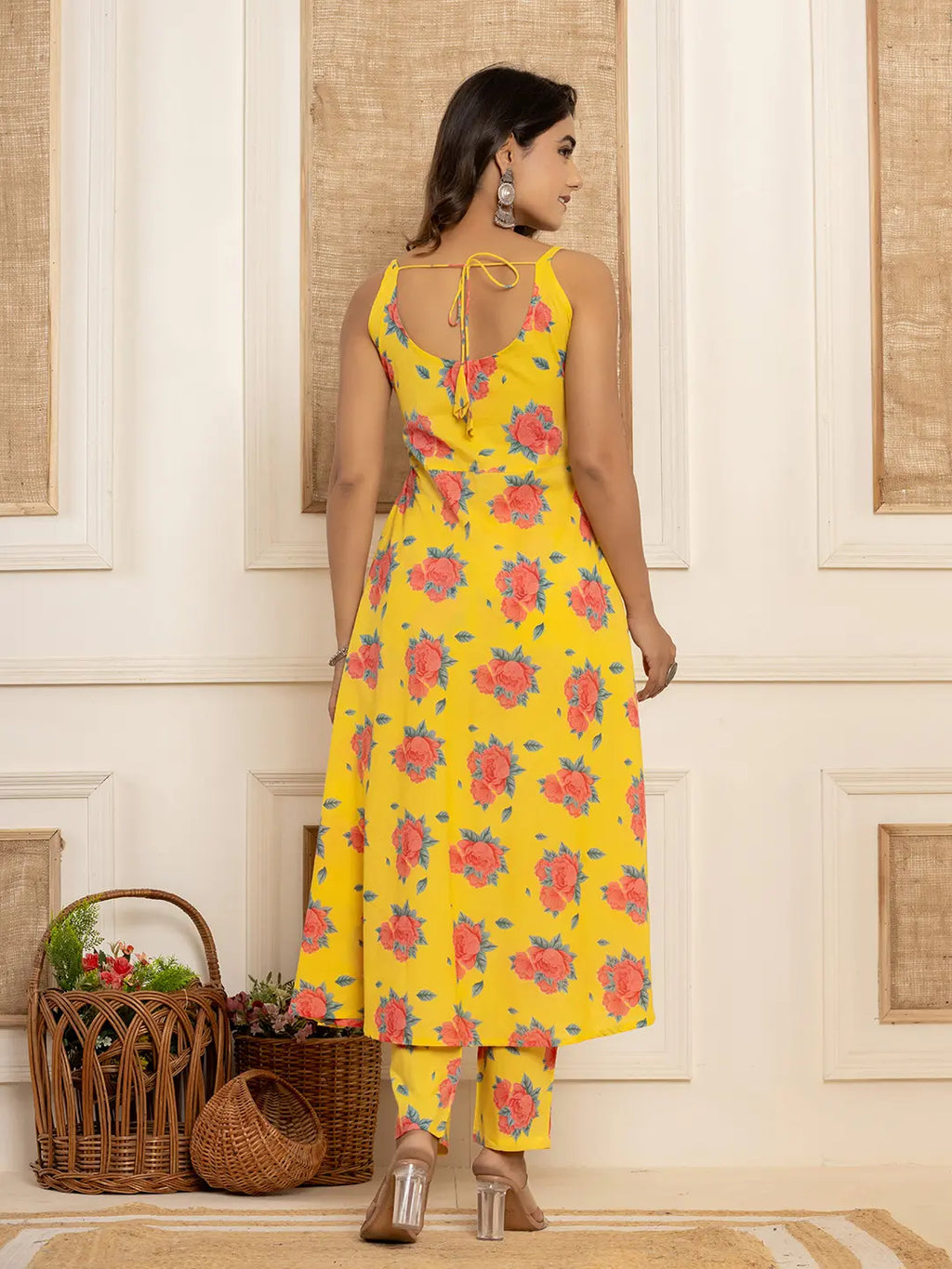 Yufta Yellow Floral Print Cotton A-Line Style Kurta And Trousers With Dupatta Set | Grocsy