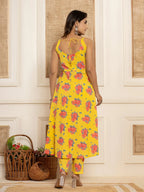 Yufta Yellow Floral Print Cotton A-Line Style Kurta And Trousers With Dupatta Set | Grocsy