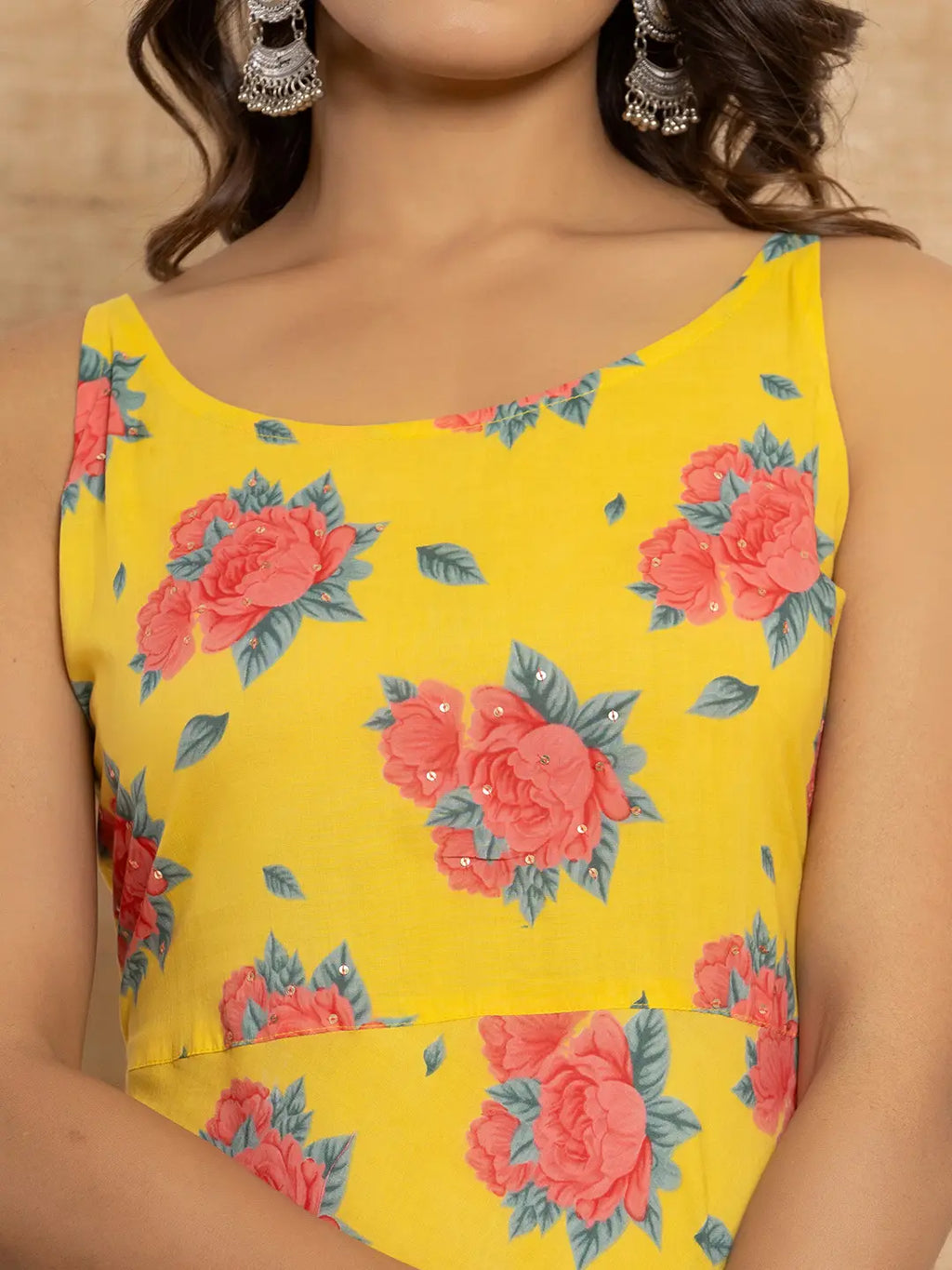 Yufta Yellow Floral Print Cotton A-Line Style Kurta And Trousers With Dupatta Set | Grocsy