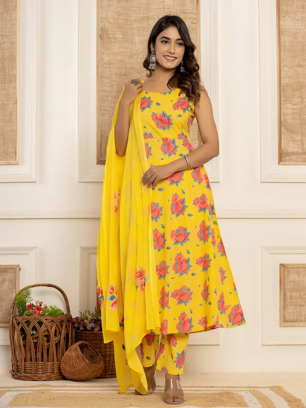 Yufta Yellow Floral Print Cotton A-Line Style Kurta And Trousers With Dupatta Set | Grocsy