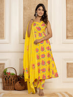 Yufta Yellow Floral Print Cotton A-Line Style Kurta And Trousers With Dupatta Set | Grocsy