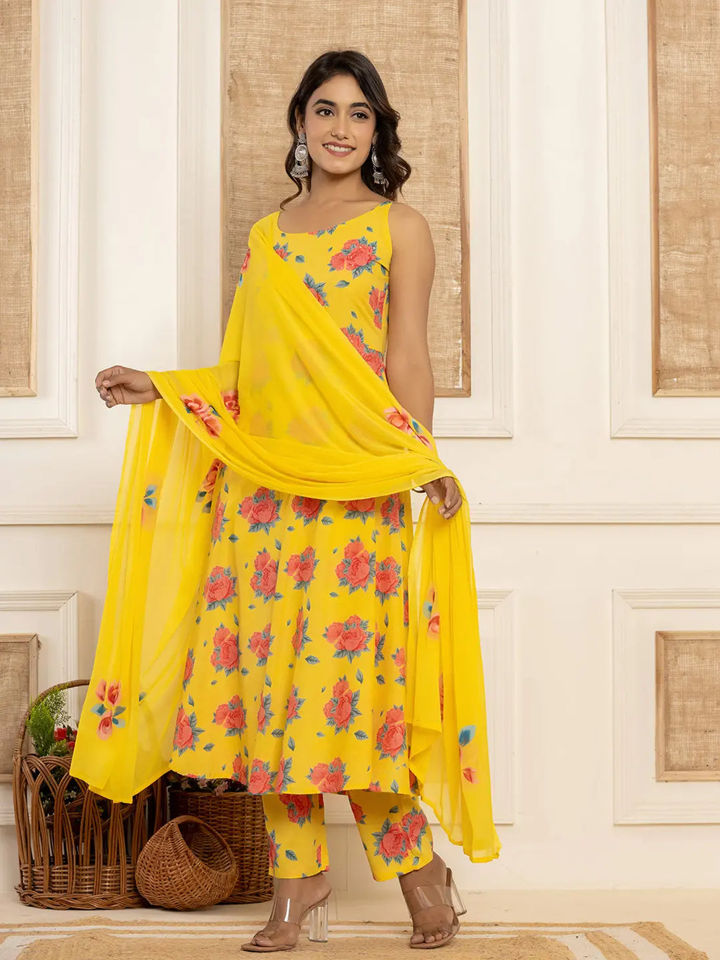 Yufta Yellow Floral Print Cotton A-Line Style Kurta And Trousers With Dupatta Set | Grocsy
