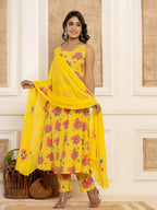 Yufta Yellow Floral Print Cotton A-Line Style Kurta And Trousers With Dupatta Set | Grocsy