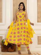 Yufta Yellow Floral Print Cotton A-Line Style Kurta And Trousers With Dupatta Set | Grocsy