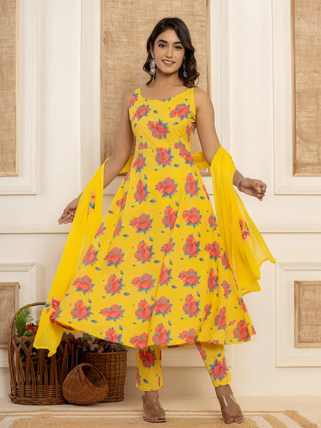 Yufta Yellow Floral Print Cotton A-Line Style Kurta And Trousers With Dupatta Set | Grocsy