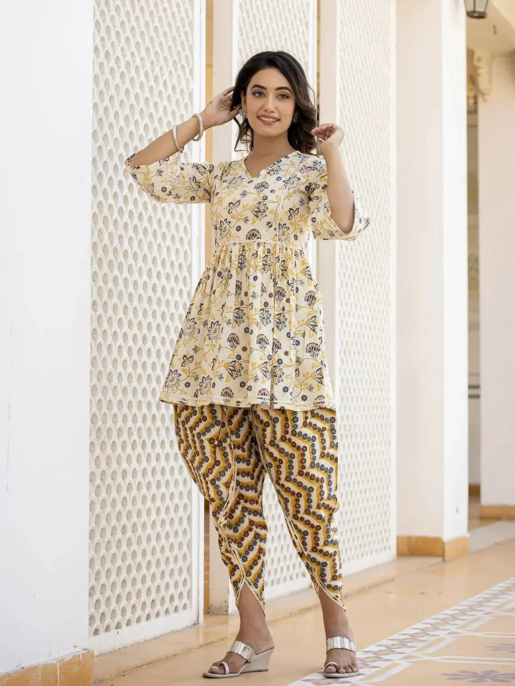 Yufta Yellow Gotta Patti Kurti with Dhoti Pants Set | Grocsy