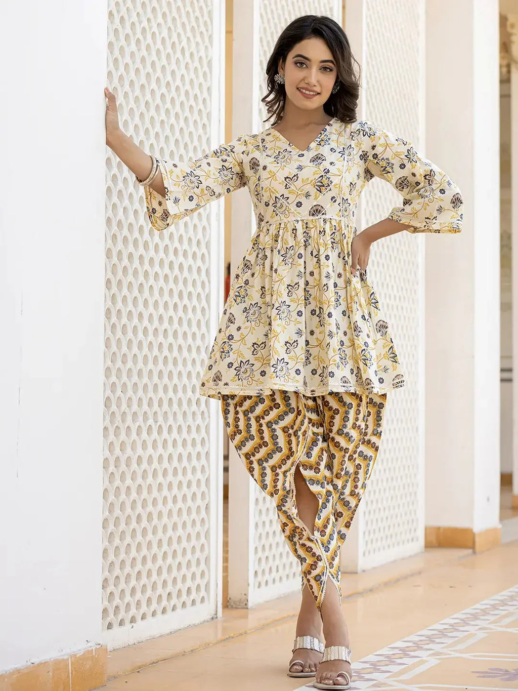 Yufta Yellow Gotta Patti Kurti with Dhoti Pants Set | Grocsy