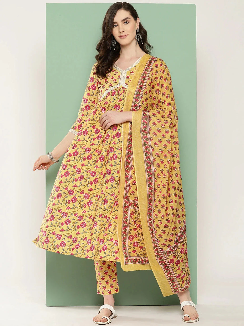 Yufta Yellow Floral Printed Regular Pure Cotton Kurta with Trousers & With Dupatta Set | Grocsy