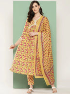 Yufta Yellow Floral Printed Regular Pure Cotton Kurta with Trousers & With Dupatta Set | Grocsy