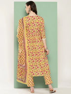 Yufta Yellow Floral Printed Regular Pure Cotton Kurta with Trousers & With Dupatta Set | Grocsy