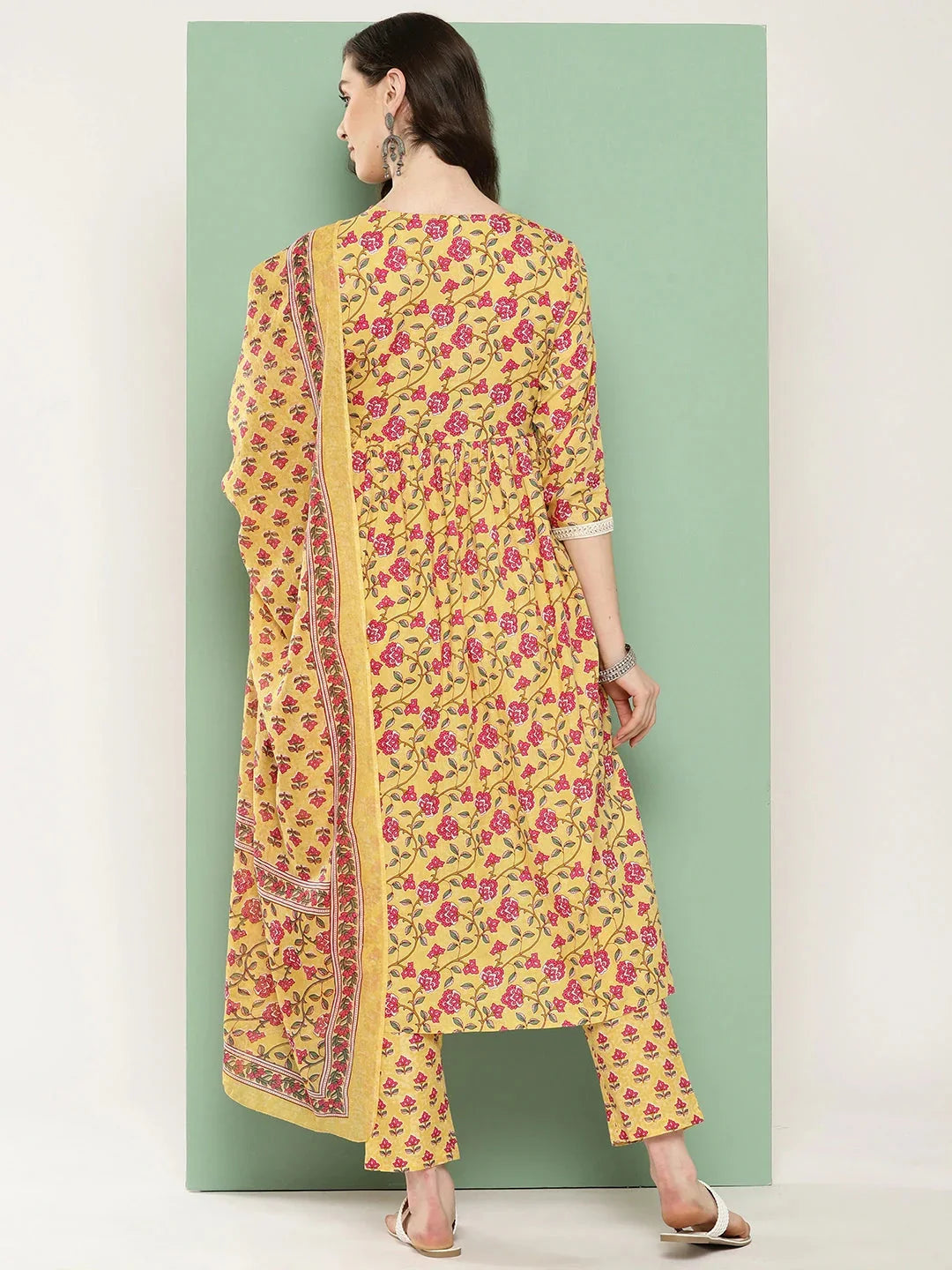 Yufta Yellow Floral Printed Regular Pure Cotton Kurta with Trousers & With Dupatta Set | Grocsy