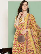 Yufta Yellow Floral Printed Regular Pure Cotton Kurta with Trousers & With Dupatta Set | Grocsy