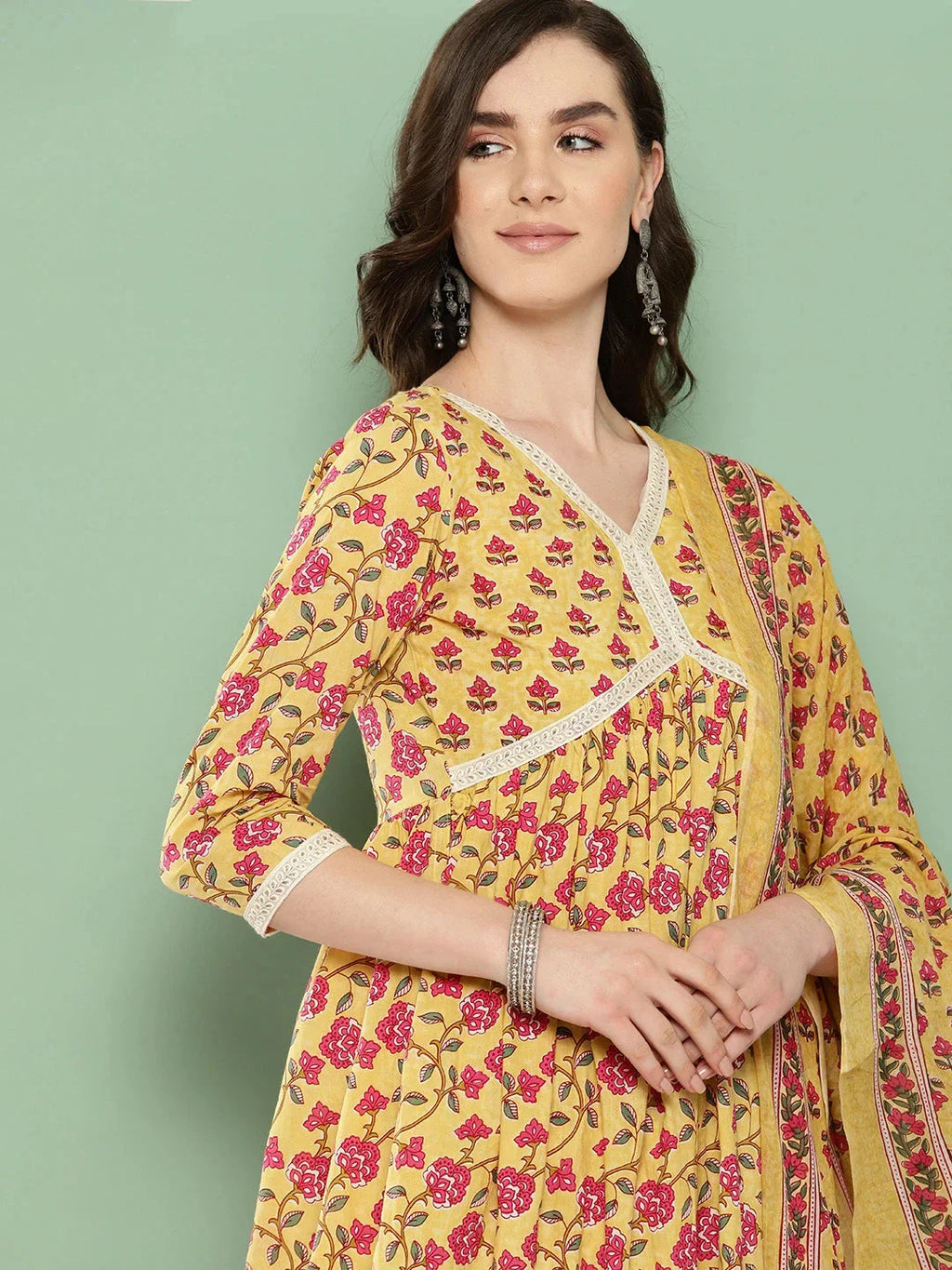 Yufta Yellow Floral Printed Regular Pure Cotton Kurta with Trousers & With Dupatta Set | Grocsy