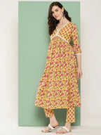 Yufta Yellow Floral Printed Regular Pure Cotton Kurta with Trousers & With Dupatta Set | Grocsy