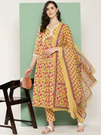 Yufta Yellow Floral Printed Regular Pure Cotton Kurta with Trousers & With Dupatta Set | Grocsy