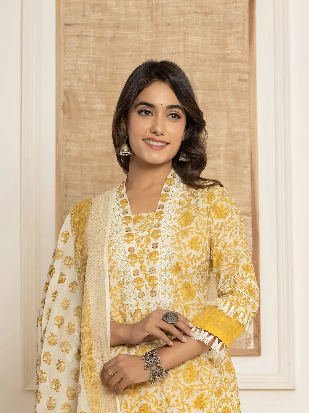 Yufta Yellow Floral_Print Cotton Straight Tassel Work Kurta And Trousers With Dupatta | Grocsy