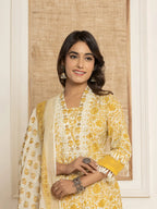 Yufta Yellow Floral_Print Cotton Straight Tassel Work Kurta And Trousers With Dupatta | Grocsy