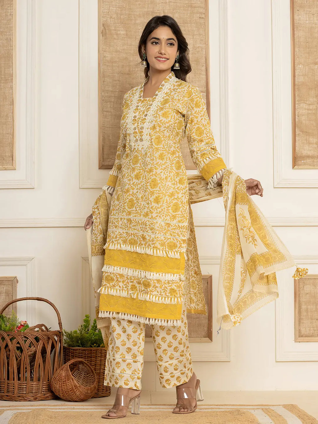 Yufta Yellow Floral_Print Cotton Straight Tassel Work Kurta And Trousers With Dupatta | Grocsy