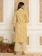 Yufta Yellow Floral_Print Cotton Straight Tassel Work Kurta And Trousers With Dupatta | Grocsy