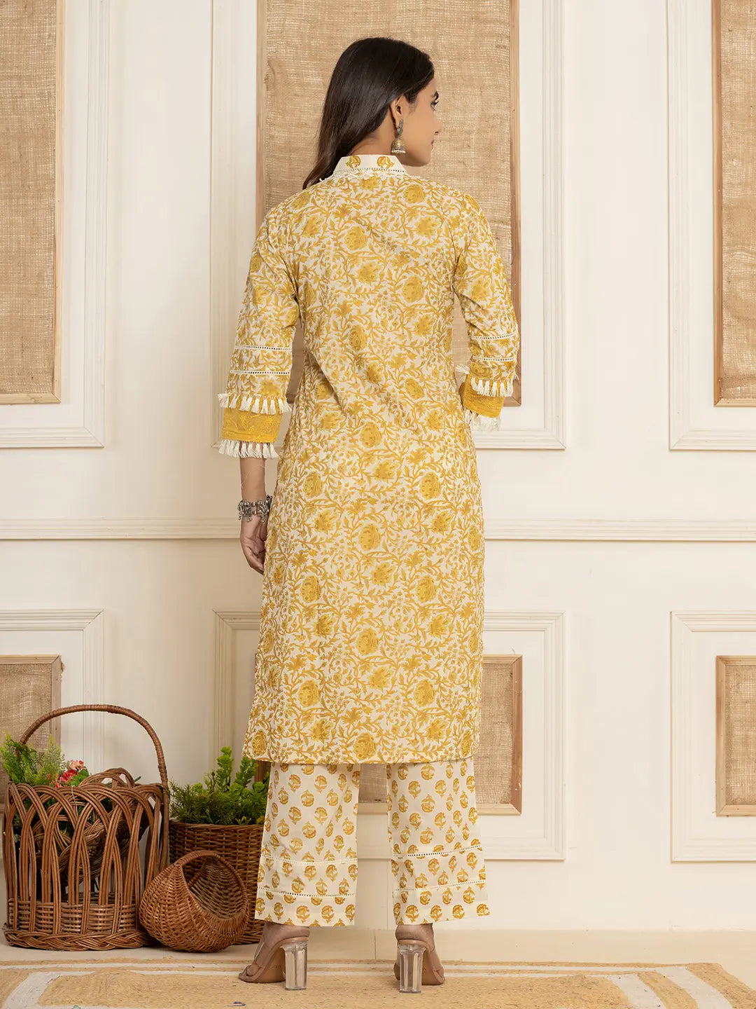 Yufta Yellow Floral_Print Cotton Straight Tassel Work Kurta And Trousers With Dupatta | Grocsy