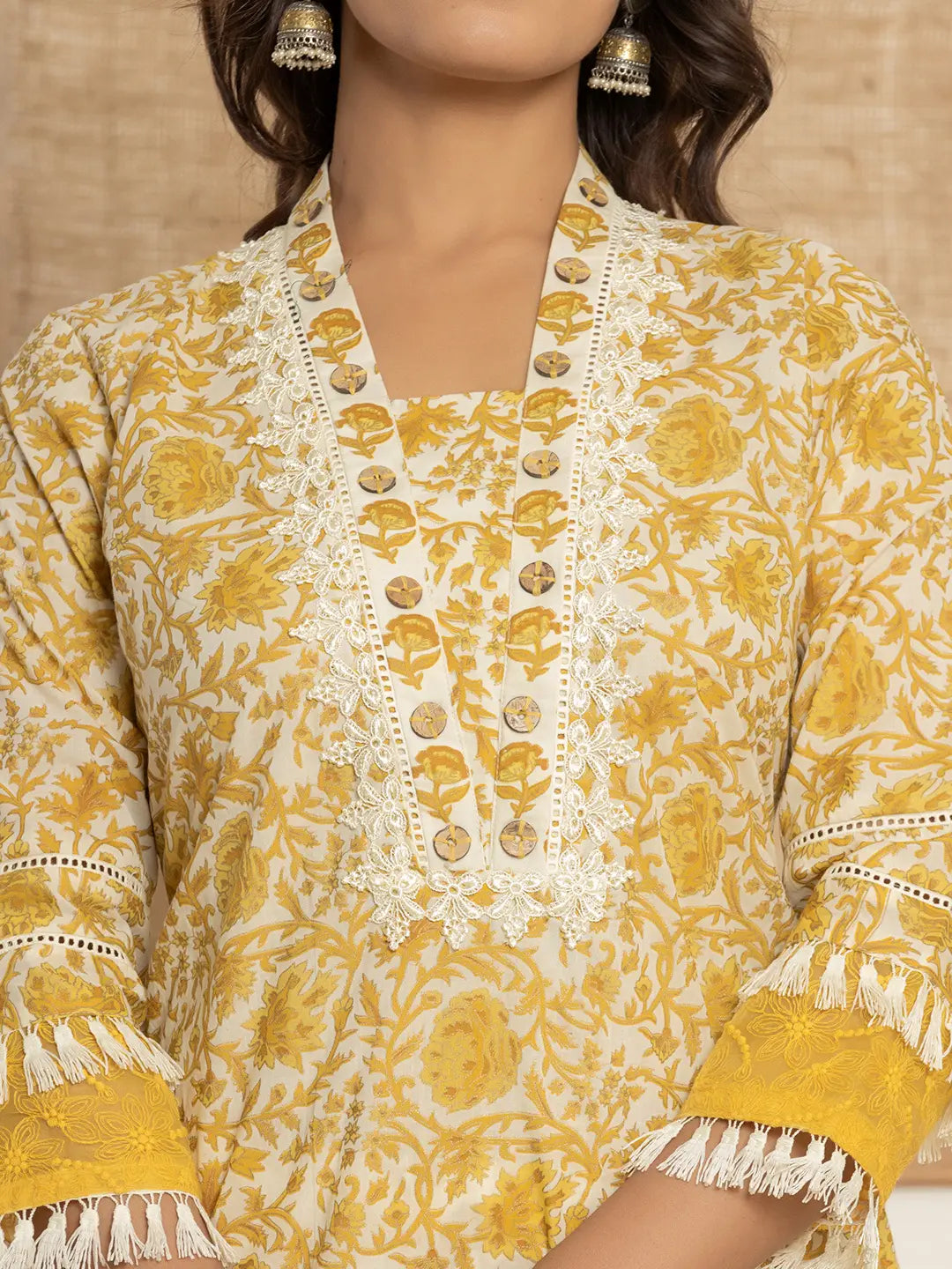 Yufta Yellow Floral_Print Cotton Straight Tassel Work Kurta And Trousers With Dupatta | Grocsy