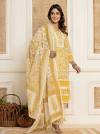 Yufta Yellow Floral_Print Cotton Straight Tassel Work Kurta And Trousers With Dupatta | Grocsy