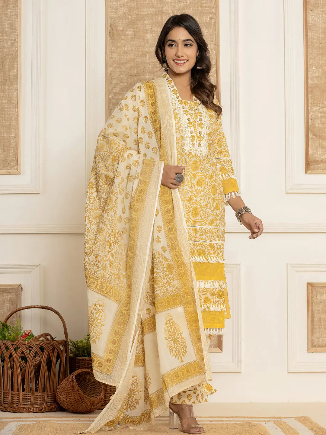 Yufta Yellow Floral_Print Cotton Straight Tassel Work Kurta And Trousers With Dupatta | Grocsy