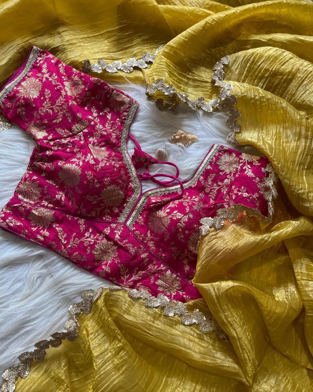 Lorenvalley Fashion Premium Yellow Rani Tissue Crush Saree with Jacquard Weaving Stitched Blouse | Grocsy