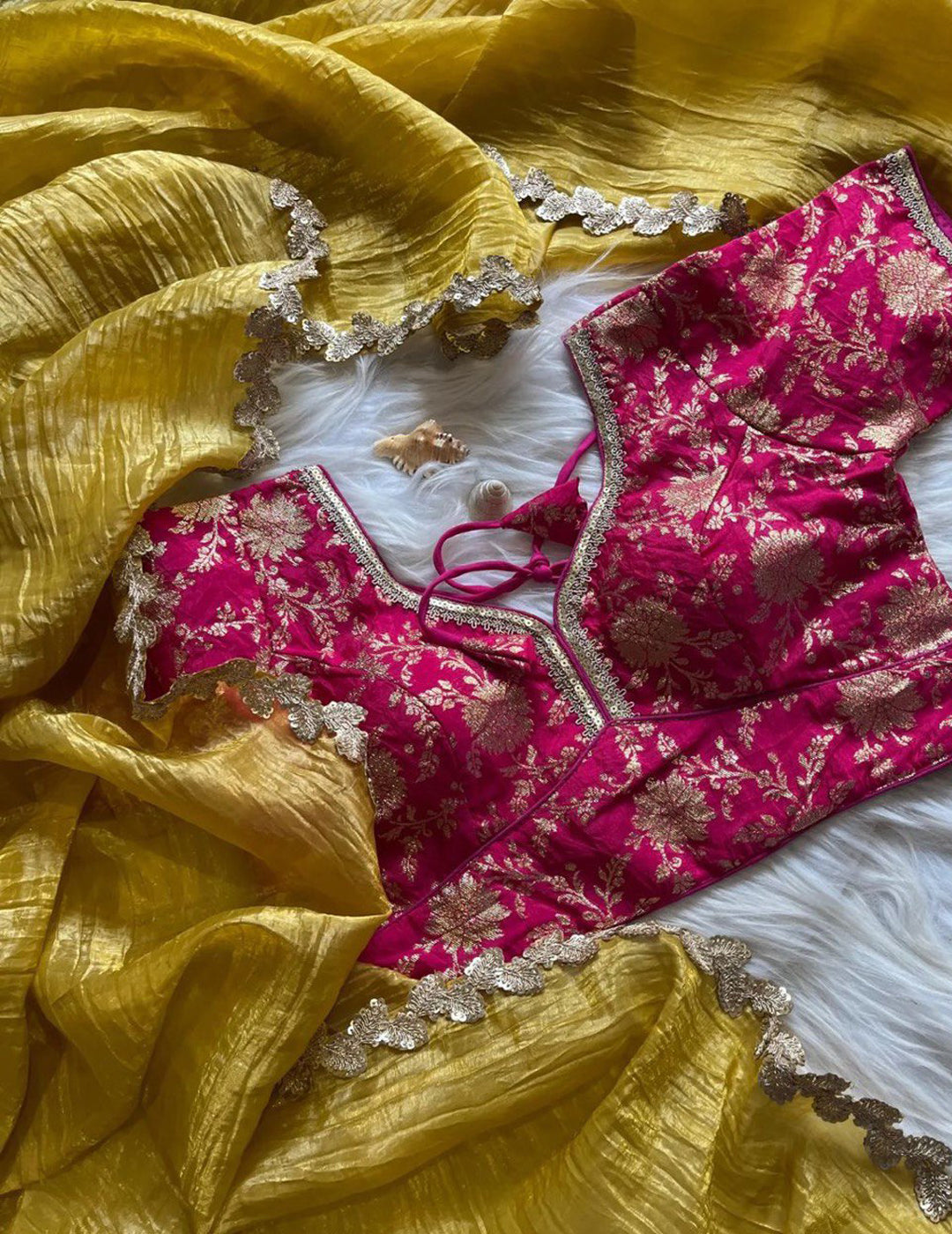 Lorenvalley Fashion Premium Yellow Rani Tissue Crush Saree with Jacquard Weaving Stitched Blouse | Grocsy