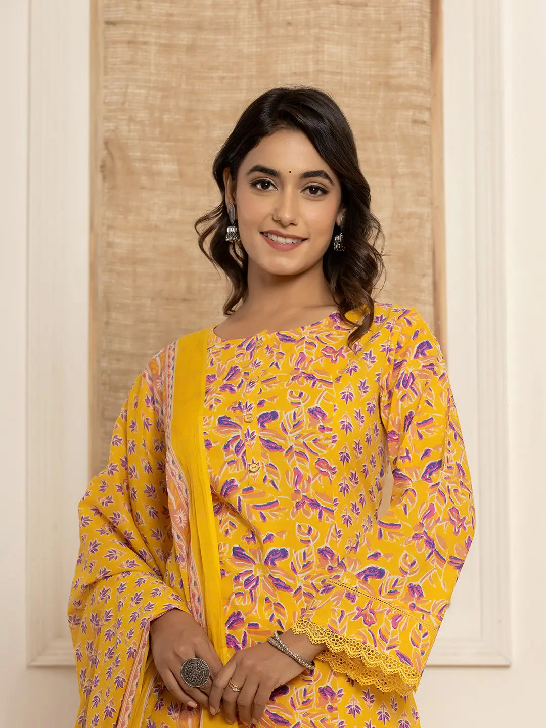 Yufta Yellow Printed Pakistani Style Kurta And Trousers With Dupatta Set | Grocsy