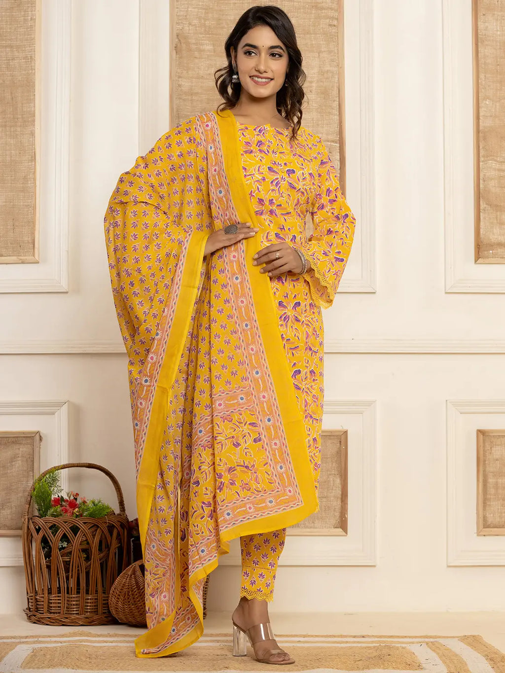 Yufta Yellow Printed Pakistani Style Kurta And Trousers With Dupatta Set | Grocsy