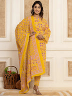 Yufta Yellow Printed Pakistani Style Kurta And Trousers With Dupatta Set | Grocsy