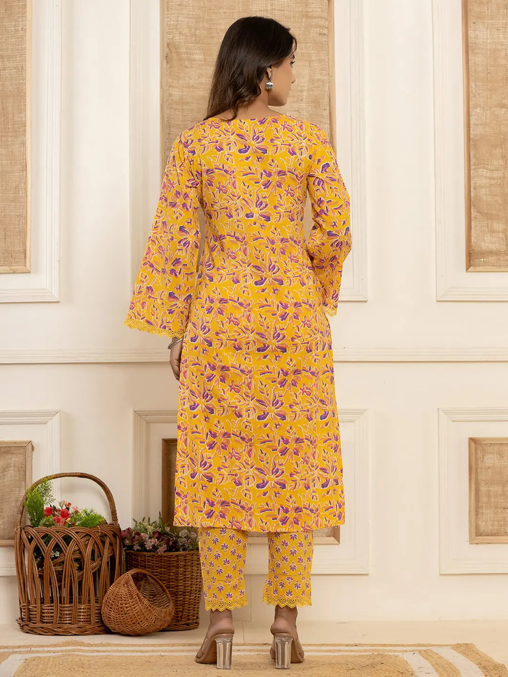 Yufta Yellow Printed Pakistani Style Kurta And Trousers With Dupatta Set | Grocsy