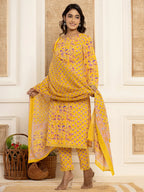 Yufta Yellow Printed Pakistani Style Kurta And Trousers With Dupatta Set | Grocsy