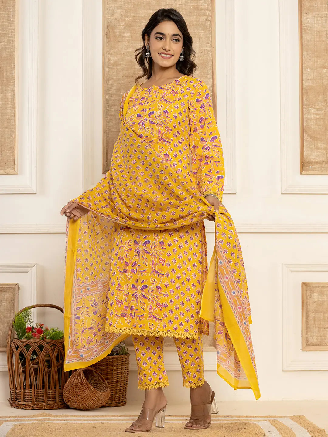 Yufta Yellow Printed Pakistani Style Kurta And Trousers With Dupatta Set | Grocsy
