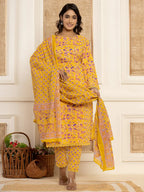 Yufta Yellow Printed Pakistani Style Kurta And Trousers With Dupatta Set | Grocsy