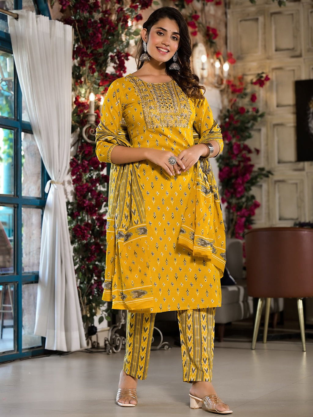 Yufta Yellow Pure Cotton Dori_Embroidery Kurta Trouser With Dupatta Set | Grocsy