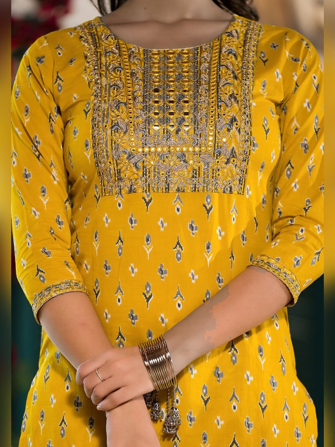 Yufta Yellow Pure Cotton Dori_Embroidery Kurta Trouser With Dupatta Set | Grocsy