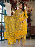 Yufta Yellow Pure Cotton Dori_Embroidery Kurta Trouser With Dupatta Set | Grocsy