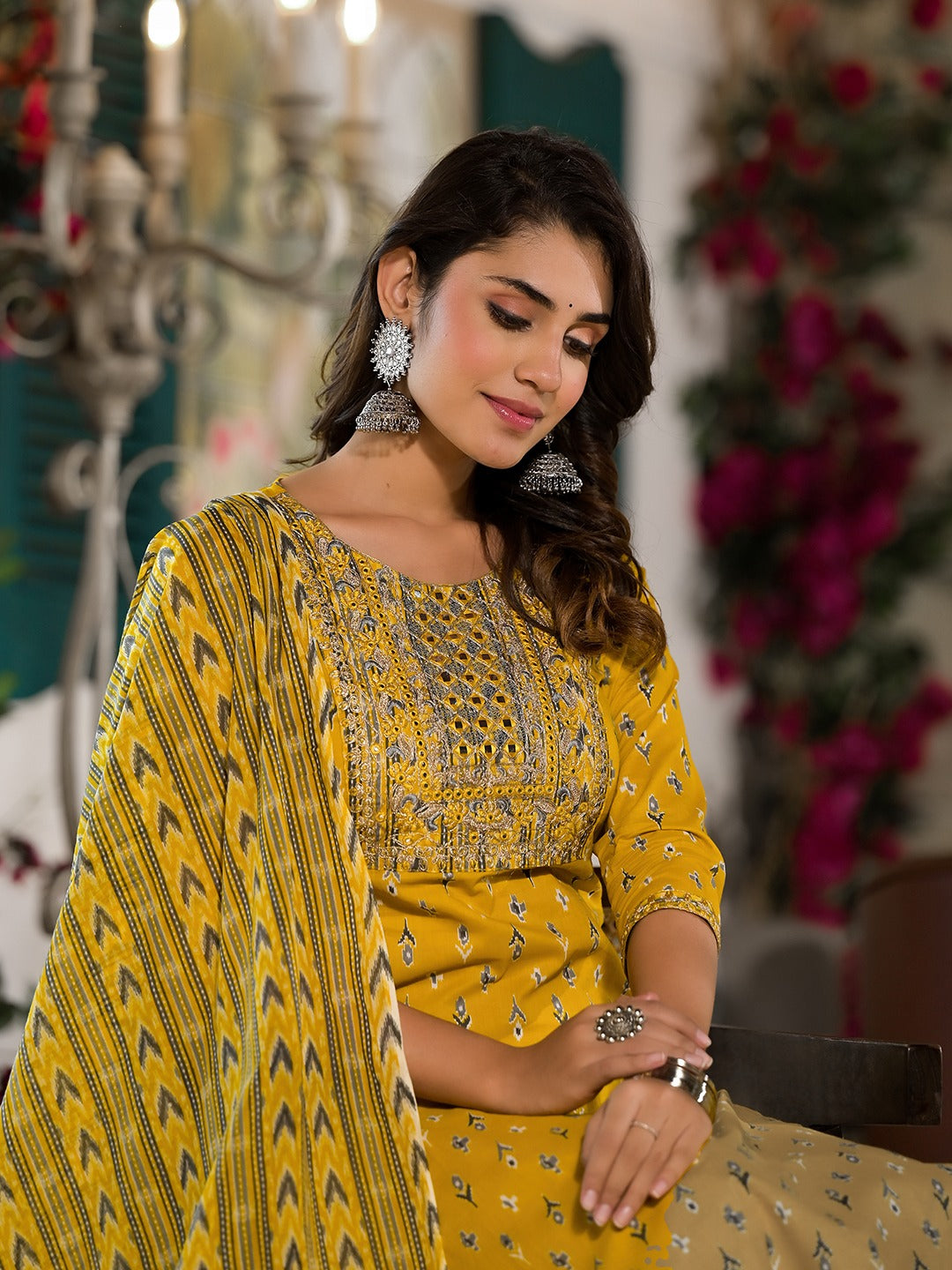 Yufta Yellow Pure Cotton Dori_Embroidery Kurta Trouser With Dupatta Set | Grocsy