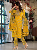 Yufta Yellow Pure Cotton Dori_Embroidery Kurta Trouser With Dupatta Set | Grocsy