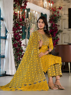 Yufta Yellow Pure Cotton Dori_Embroidery Kurta Trouser With Dupatta Set | Grocsy