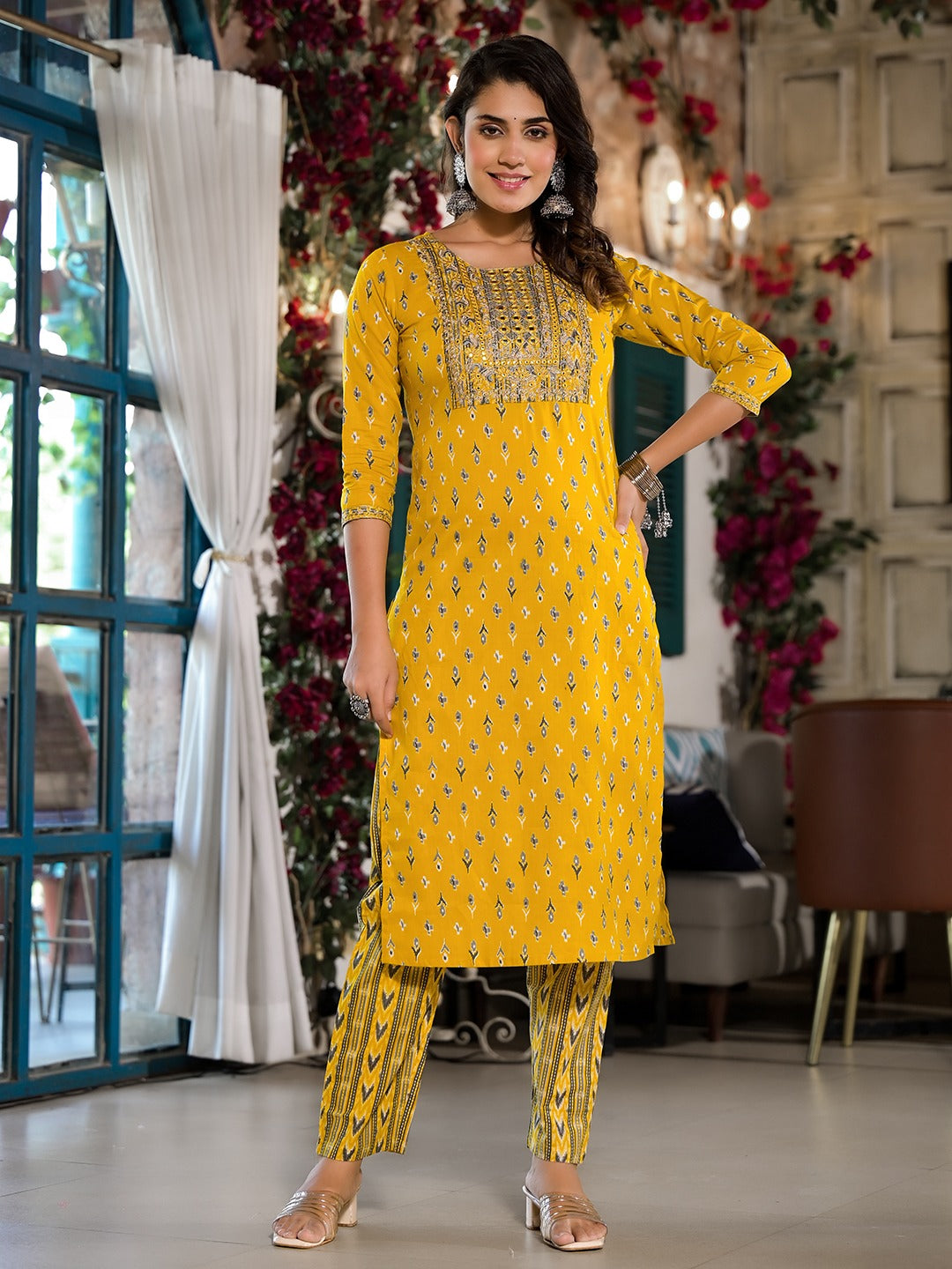 Yufta Yellow Pure Cotton Dori_Embroidery Kurta Trouser With Dupatta Set | Grocsy