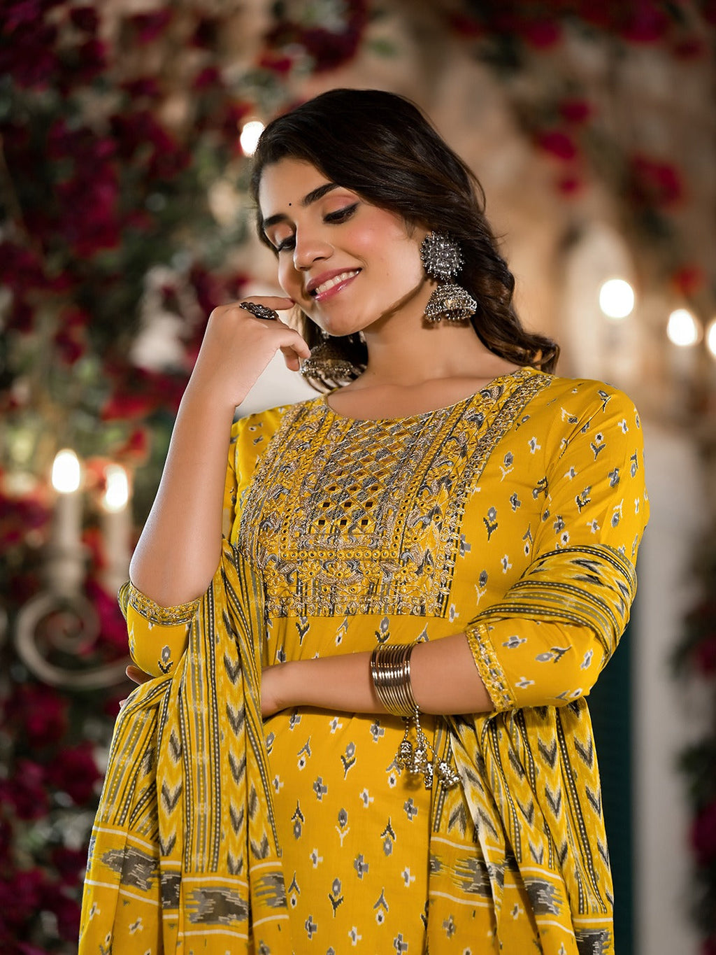 Yufta Yellow Pure Cotton Dori_Embroidery Kurta Trouser With Dupatta Set | Grocsy