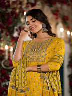 Yufta Yellow Pure Cotton Dori_Embroidery Kurta Trouser With Dupatta Set | Grocsy