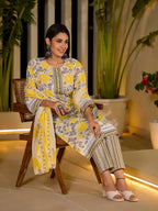 Yufta Yellow Pure Cotton Floral Print Kurta With Trousers And Dupatta Set | Grocsy