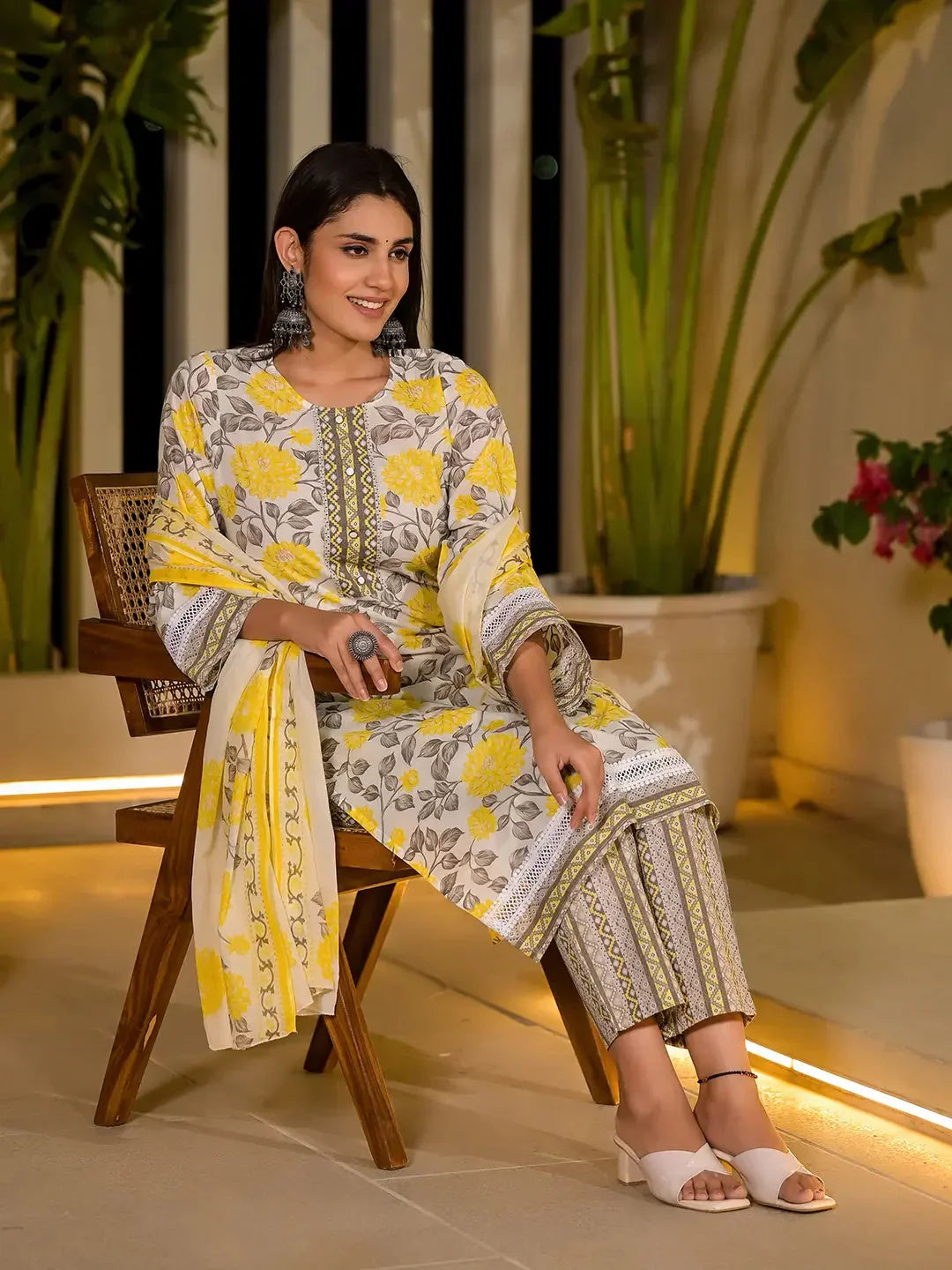 Yufta Yellow Pure Cotton Floral Print Kurta With Trousers And Dupatta Set | Grocsy