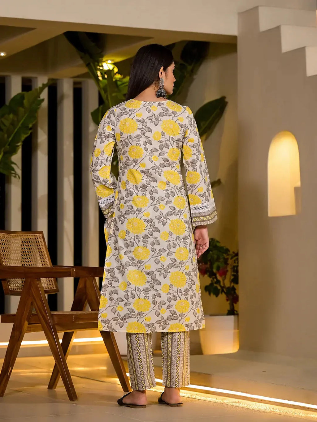 Yufta Yellow Pure Cotton Floral Print Kurta With Trousers And Dupatta Set | Grocsy