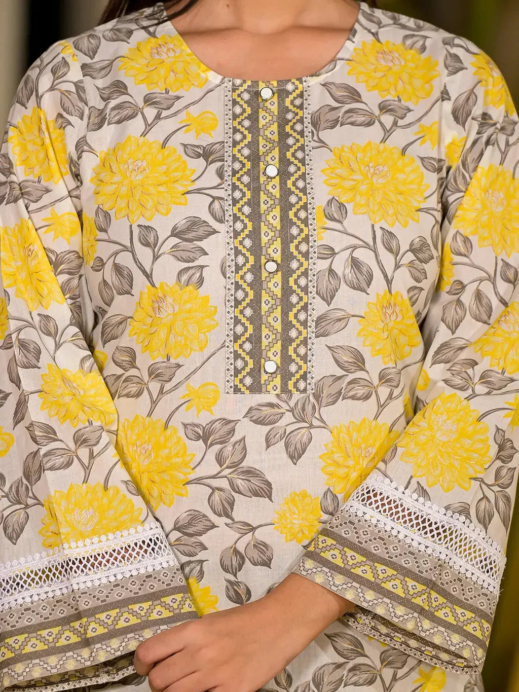Yufta Yellow Pure Cotton Floral Print Kurta With Trousers And Dupatta Set | Grocsy